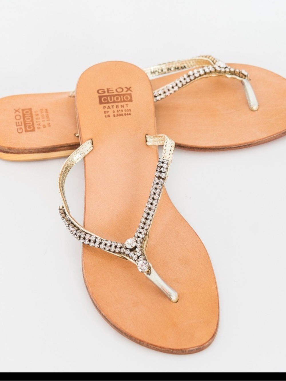Geox Crystal Embellished Leather Sandals Flip Flops Gold Size 40 / US 10